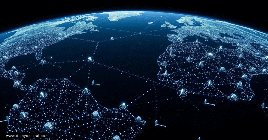 starlinkwork2 Detailed view of Starlink satellite network in Earth's orbit, showcasing the global connectivity it provides. The satellites, positioned in a precise grid formation, appear as an intricate web of white dots against the backdrop of a dark, starry sky. The image conveys a sense of technological prowess and the vastness of Starlink's coverage, with the satellites spanning across the frame, hinting at their reach across continents and oceans. Soft, diffused lighting illuminates the satellites, creating a sleek, futuristic aesthetic. The composition emphasizes the interconnectedness and scale of the Starlink system, symbolizing the revolutionary impact it has on worldwide internet access.