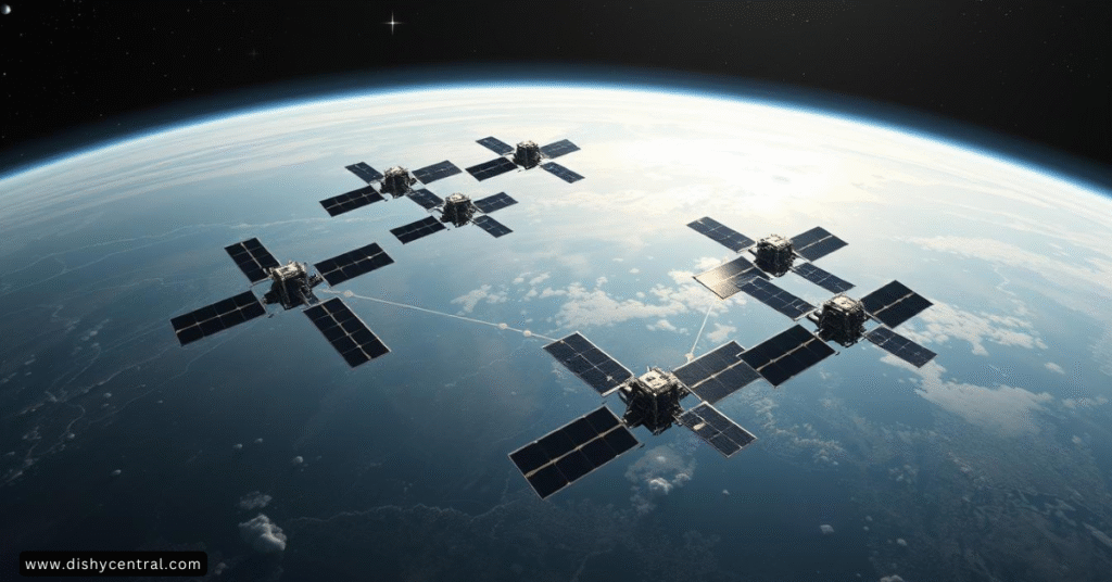starlinkwork3 a high-resolution, highly detailed 3D rendering of a satellite constellation in orbit around the Earth, with a crisp, clean aesthetic. The foreground features a group of sleek, futuristic Starlink satellites arranged in a precise geometric pattern, their solar panels gleaming in the sunlight. The middle ground showcases the Earth's curved horizon, with detailed landmasses and oceans visible below. The background is filled with a starry night sky, conveying a sense of the vastness of space. The lighting is natural and evocative, with subtle shadows and highlights that accentuate the form and structure of the satellites. The overall composition is balanced and visually striking, effectively illustrating the complex architecture of the Starlink satellite network.