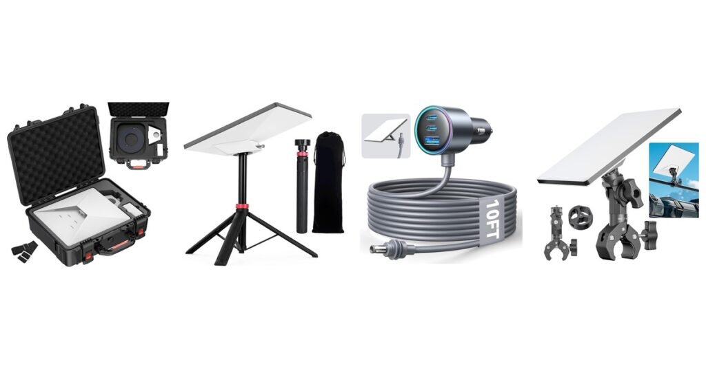 Starlink Mini accessories: hard case, tripod, car adapter and pole clamp