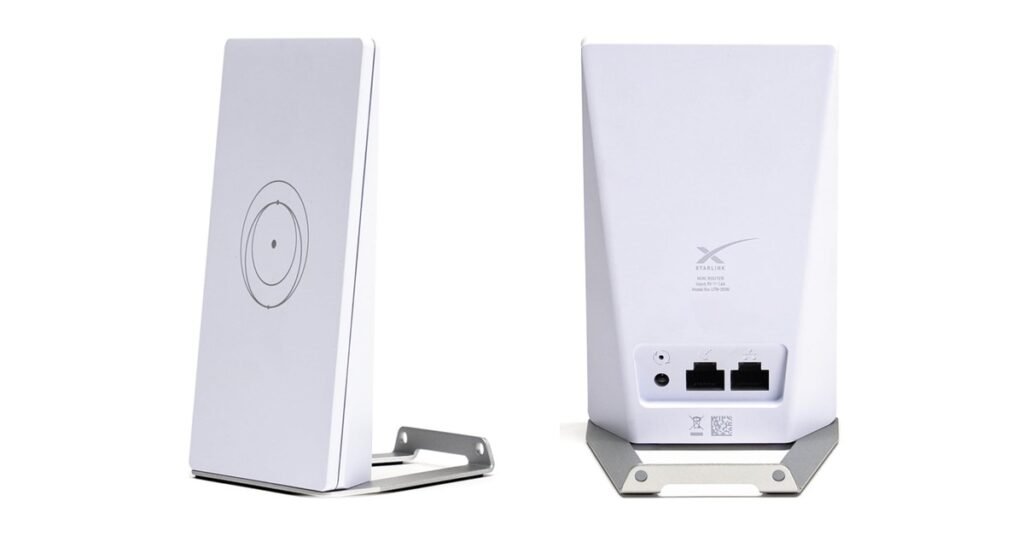 Starlink Router Mini, front on its stand and back with Ethernet ports