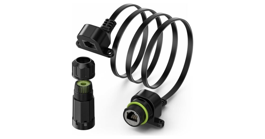 Flat Starlink cable window pass through with a waterproof outdoor connector