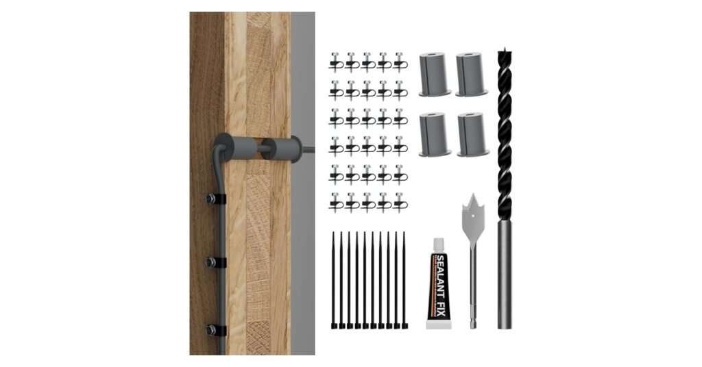 Starlink cable routing kit: cable through a wall with grommets, wall clips, drill bits and sealant