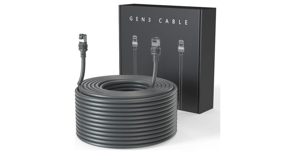 Long replacement cable for the Starlink Standard dish, coiled, with its box