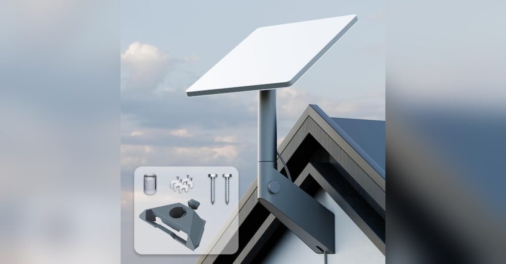 Starlink Mini on a wall mount bracket above a roofline, with the kit contents